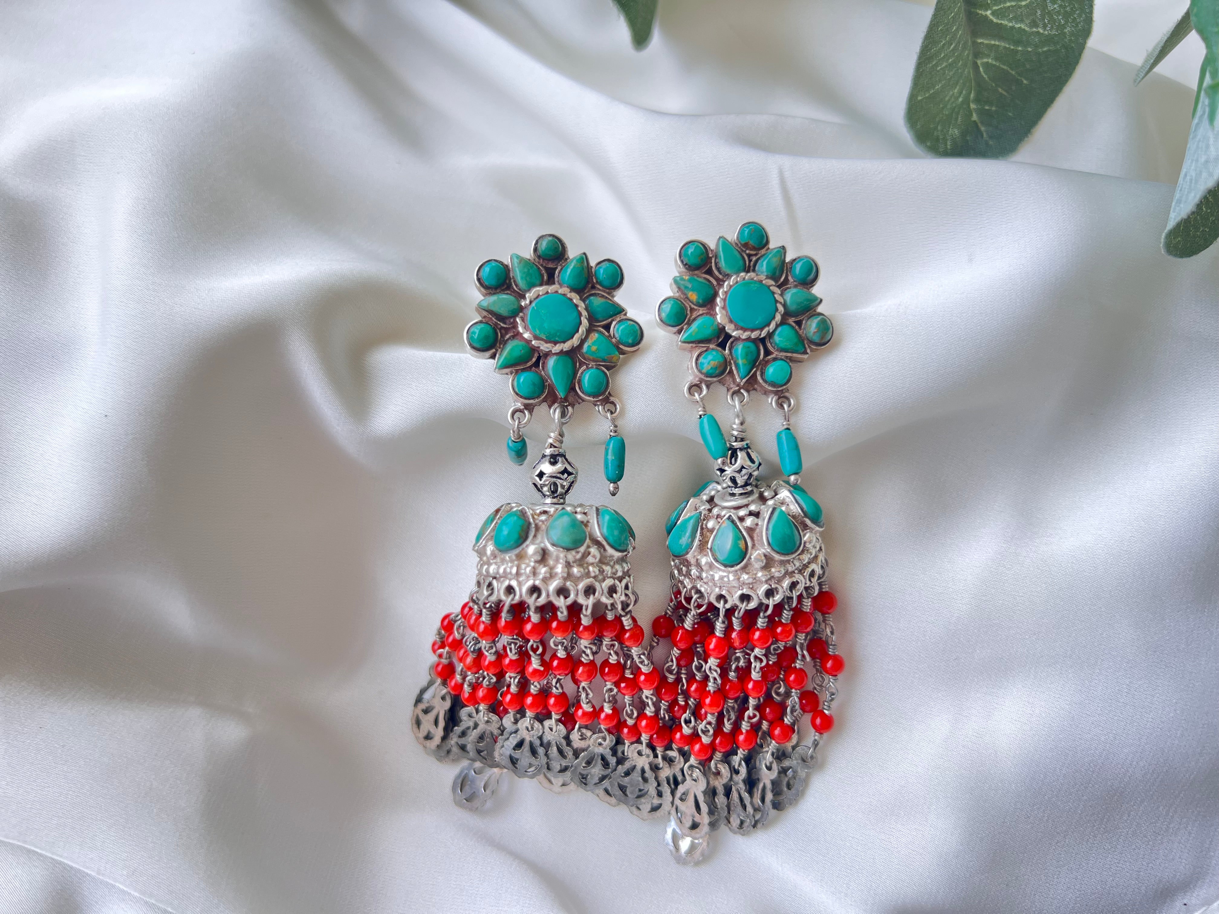 Turquoise Coral Jhumka Earring