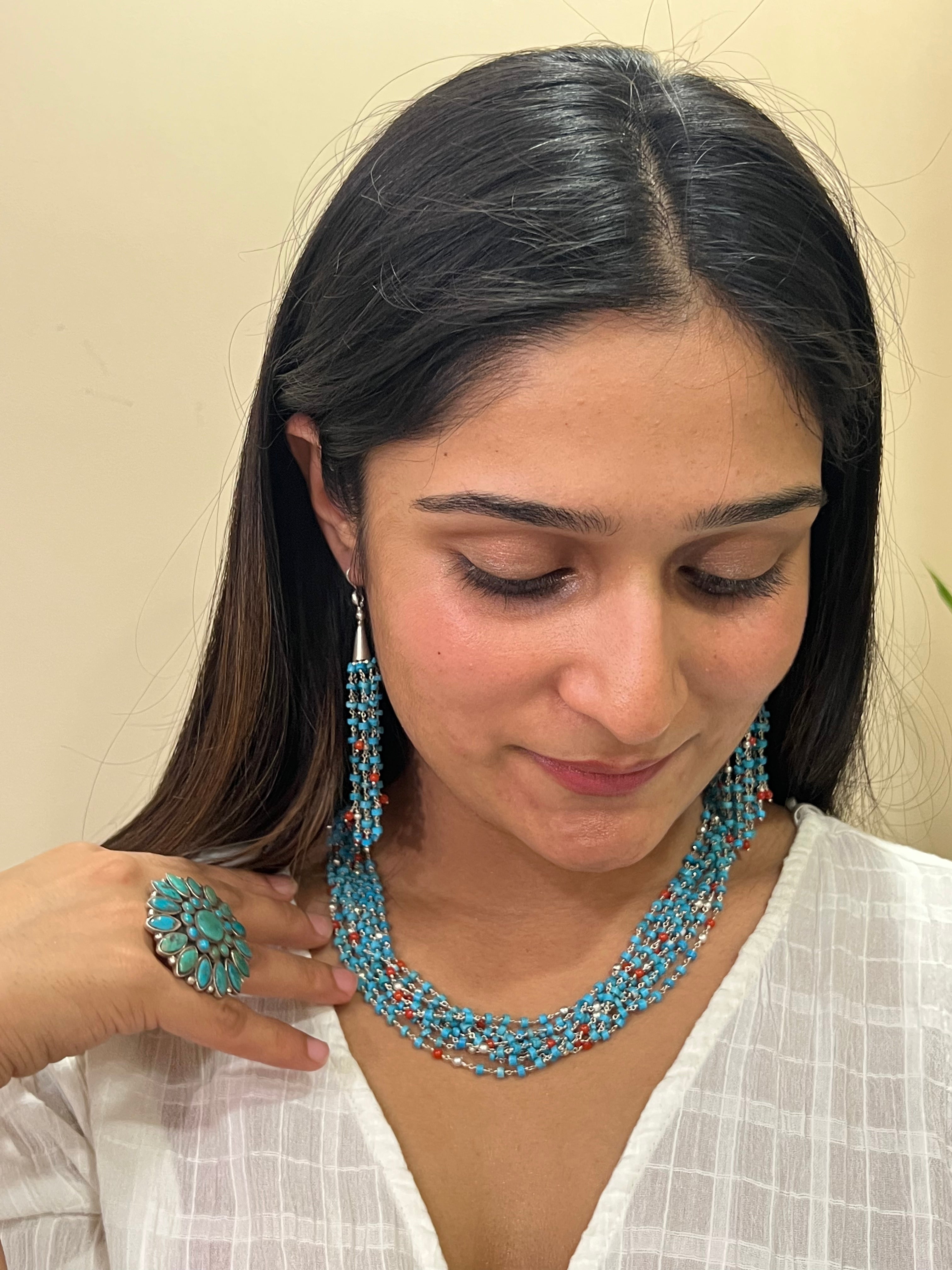 Cluster Tourquoise Necklace with Earrings